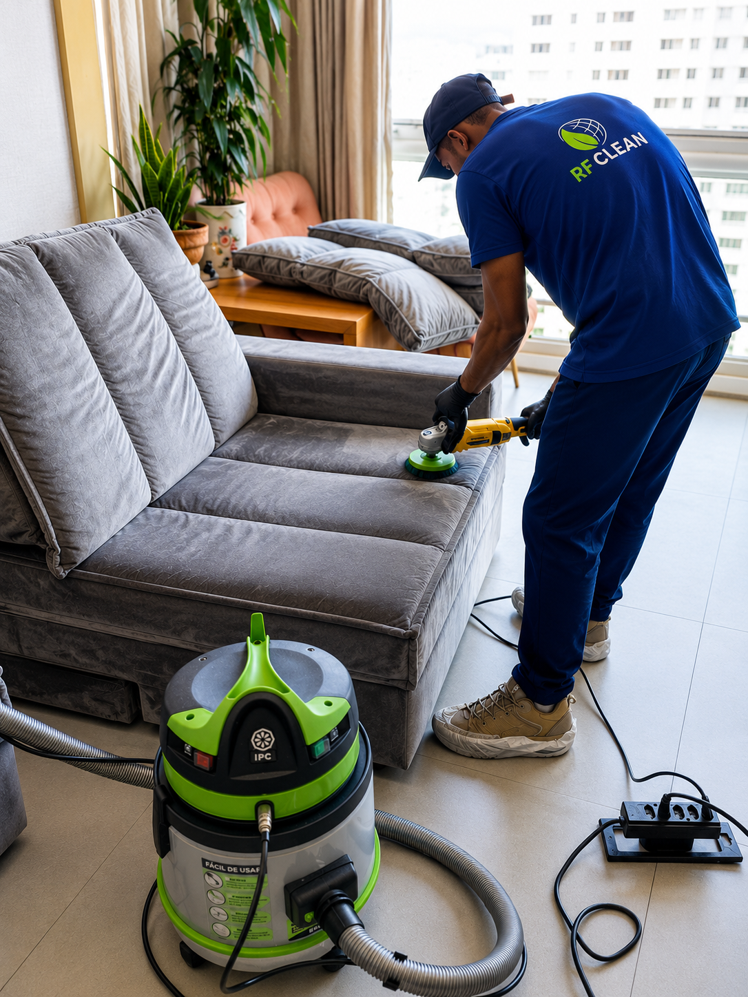 Profissional da RF Clean realizando a limpeza de um sofá