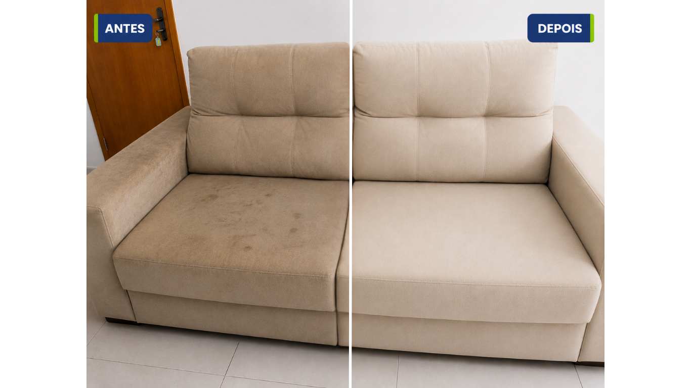 Comparação de antes e depois da higienização de um sofá